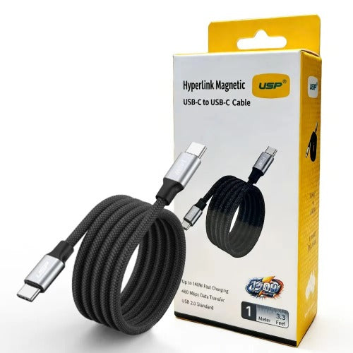 USP Braided HyperLink USB-C to USB-C (1M) Magnetic Cable - Black, Charge & Connect,Digital Display,140W PD, 5 Years Warranty