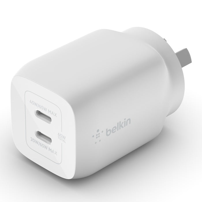 Belkin Belkin BoostCharge Pro 65W Dual USB-C PD 3.0 PPS GaN Wall Charger - White (WCH013auWH), Compact Laptop Charger, Travel