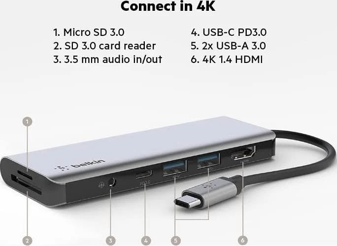 Belkin Belkin Connect USB-C 7-in-1 Multiport Hub Adapter - Space Grey (AVC009btSGY), 100W PD, 5 Gbps, 1x 4K HDMI, 2x USB-A, 1