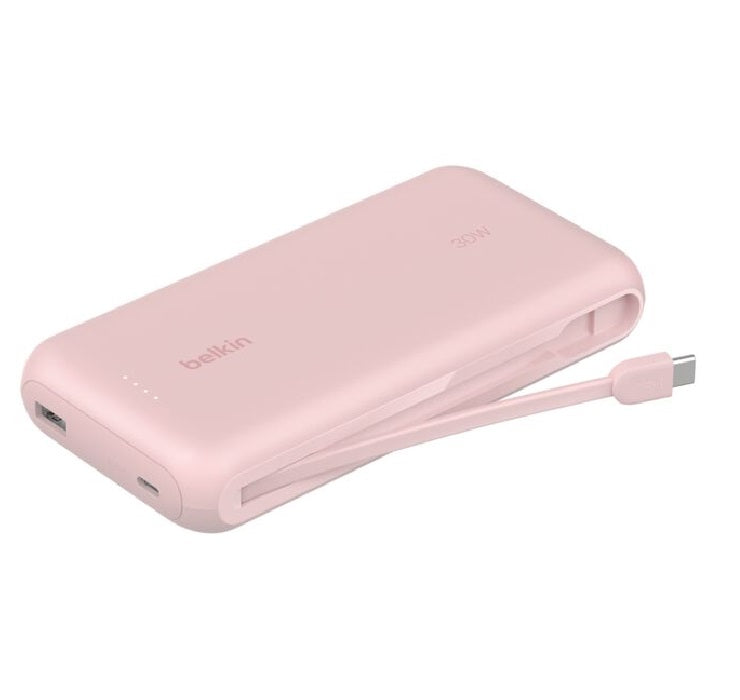 Belkin Belkin BoostCharge 20K mAh Power Bank With Integrated USB-C Cable - Pink (BPB024fqPK), 30W, 2xUSB-C, 1x USB-A, CEW $2,