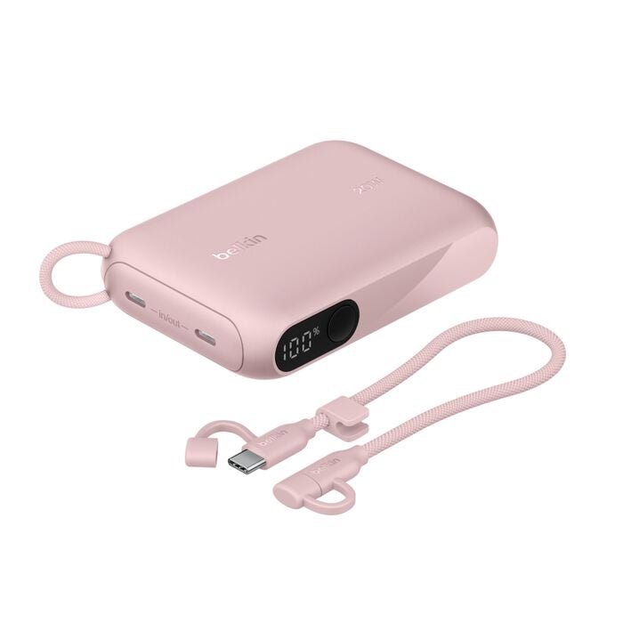 Belkin Belkin BoostCharge 10K mAh Power Bank with Display + USB-C to USB-C Cable 60W (15CM) - Pink (BPB027fqPK), 20W, 2x USB-