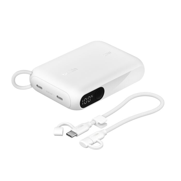 Belkin Belkin BoostCharge 10K mAH Power Bank with Display + USB-C to USB-C Cable 60W (15CM) - White (BPB027FQWH), 20W, 2x USB