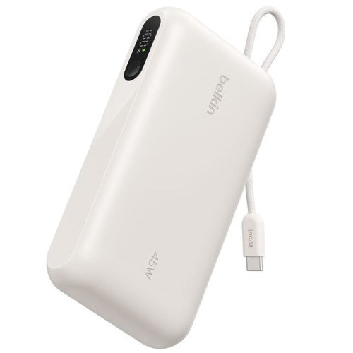 Belkin UltraCharge 20K mAh Power Bank & Display w/ Integrated USB-C Cable(20cm)-Sand(BPB030fqSA),2xUSB-C(45W),1xUSB-A(18W),$2500 CEW,2 Years Warranty