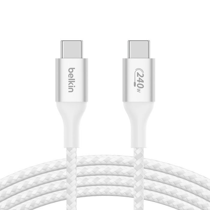 Belkin Belkin BoostCharge Braided USB-C to USB-C PD 3.1 Cable (2M) - White (CAB015bt2MWH), 5A/240W, 480Mbps, 30K+ Bends, Appl