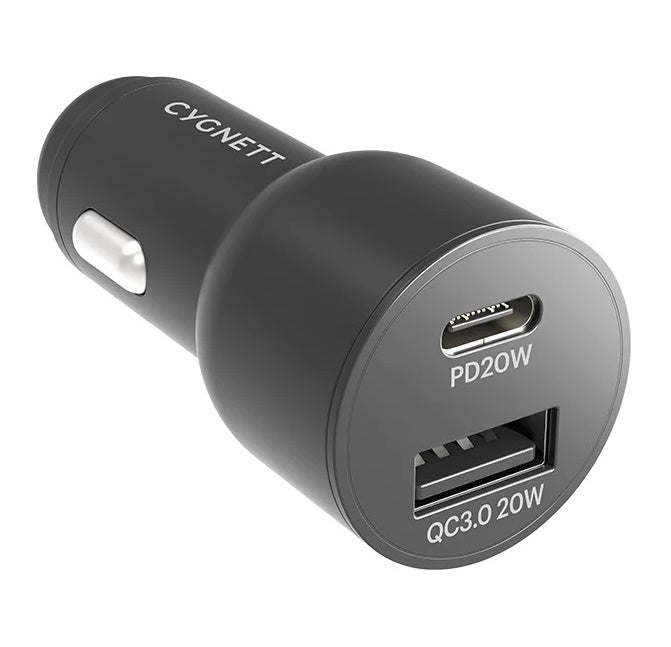 Cygnett Cygnett CarPower 20W Dual Port Car Charger with 20W USB-C PD + 20W QC 3.0 USB-A-Black(CY3637CYCCH), Fast Charge, Max 