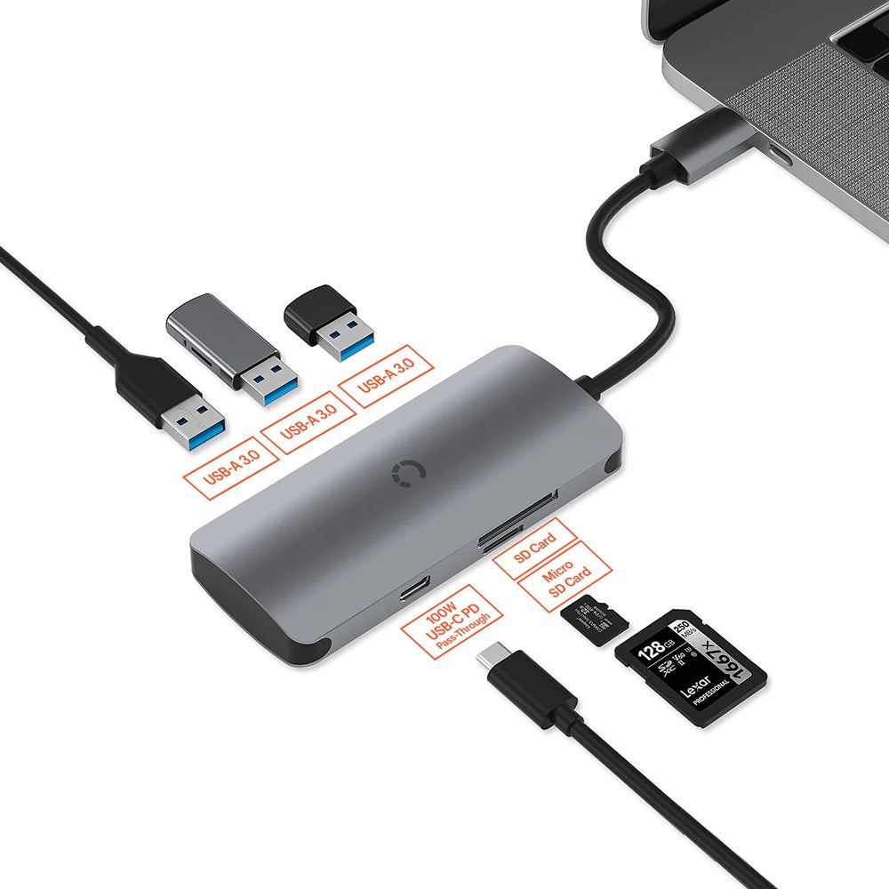 Cygnett Cygnett Unite SlimMate 6-in-1 USB-C Multiport Hub Adapter Dock-(CY3316HUBC3)3xUSB-A 3.0 1xUSB-C 100W PD 1xSD 1xMicroS