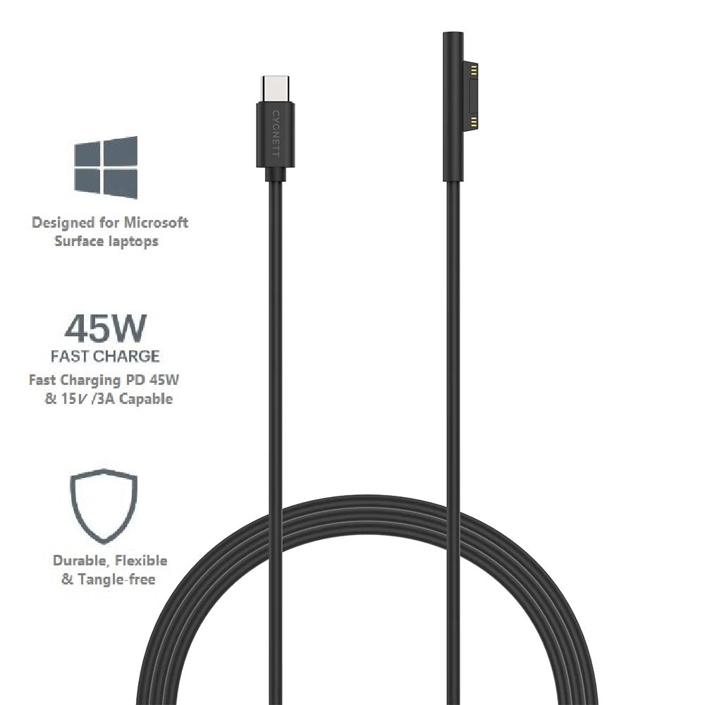 Cygnett Cygnett Essentials USB-C to Microsoft Surface Laptop Cable (2M) -Black(CY3314USCMS),45W Fast Charging,Magnetic Connec