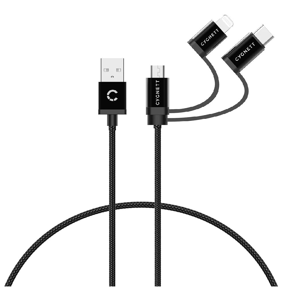Cygnett Cygnett Essentials 3-in-1 (USB-A to Lightning + USB-C + Micro-USB) Cable (1M) - Black (CY3571COCAB), 2.4A/12W, 480Mbp
