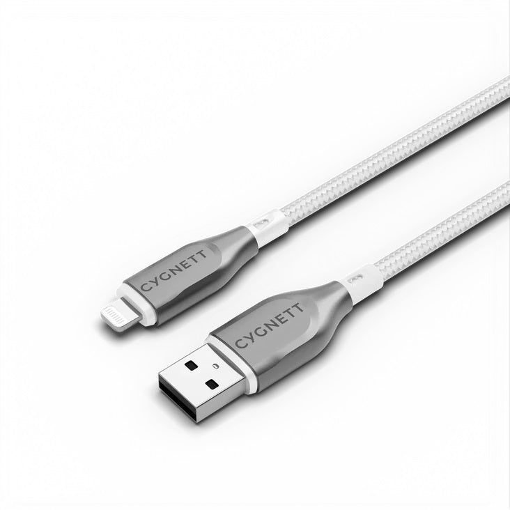 Cygnett Cygnett Armoured Braided Lightning to USB-A (2.0) (1M) Cable - White (CY4659PCCAL), 2.5A/12W, 480Mbps, Turbo Charge, 