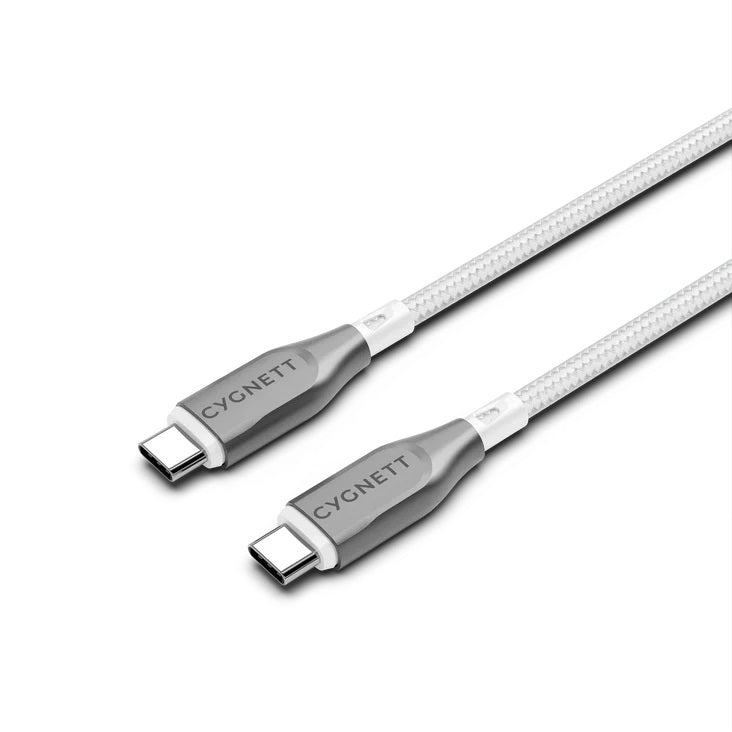 Cygnett Cygnett Armoured Braided USB-C to USB-C (2.0) Cable (2M) - White (CY4677PCTYC), 5A/100W, 480Mbps, Turbo Charge, Best 