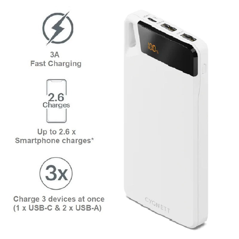 Cygnett Cygnett ChargeUp Boost 4th Gen 10K mAh Power Bank-White(CY4748PBCHE)Triple Port(Dual USB-A 15W+1xUSB-C 15W),15cm USB-
