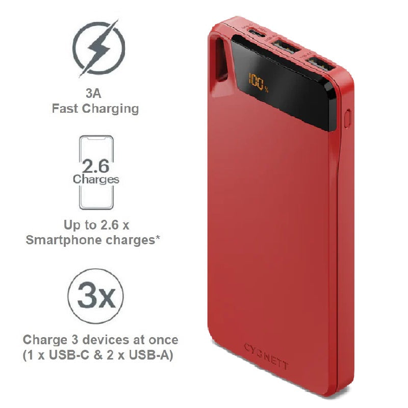 Cygnett Cygnett ChargeUp Boost 4th Gen 10K mAh Power Bank -Red(CY4749PBCHE)Triple Port(Dual USB-A 15W + 1xUSB-C 15W),15cm USB