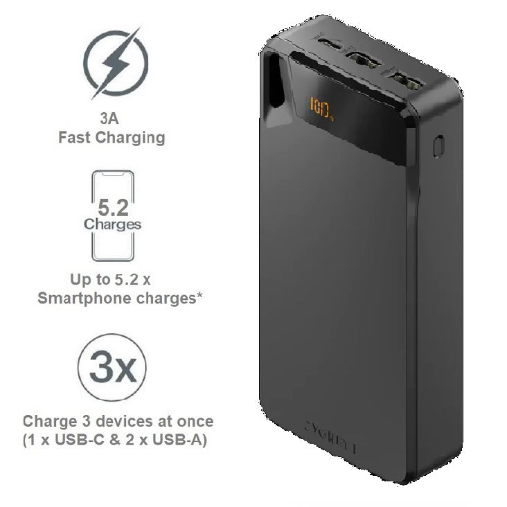 Cygnett Cygnett ChargeUp Boost 4th Gen 20K mAh Power Bank- Black(CY4751PBCHE)Triple Port(Dual USB-A 15W+1xUSB-C 15W),15cm USB