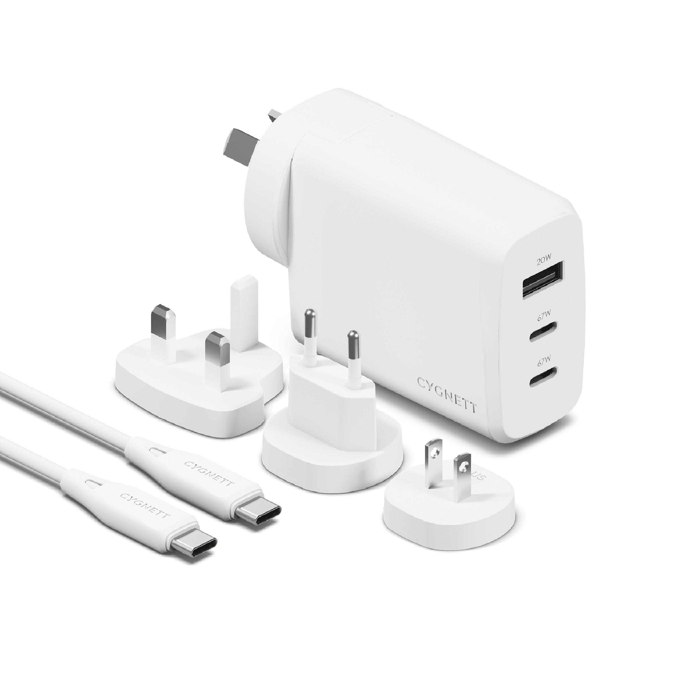 Cygnett Cygnett Voyager 67W Multi-Port GaN Travel Wall Charger - White (CY4771PDWCH), 2x USB-C (67W), 1x USB-A (20W),1M USB-C