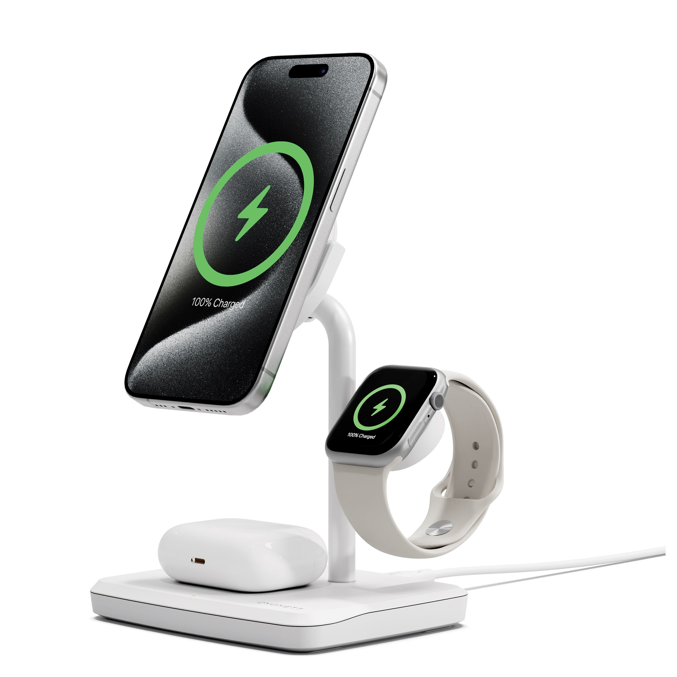 Cygnett Cygnett ChargeBase Qi2 3-in-1 Magnetic 15W Wireless Charger-White(CY5070BUNCP),1.2M USB-C Cable,5W Watch Charger, 180