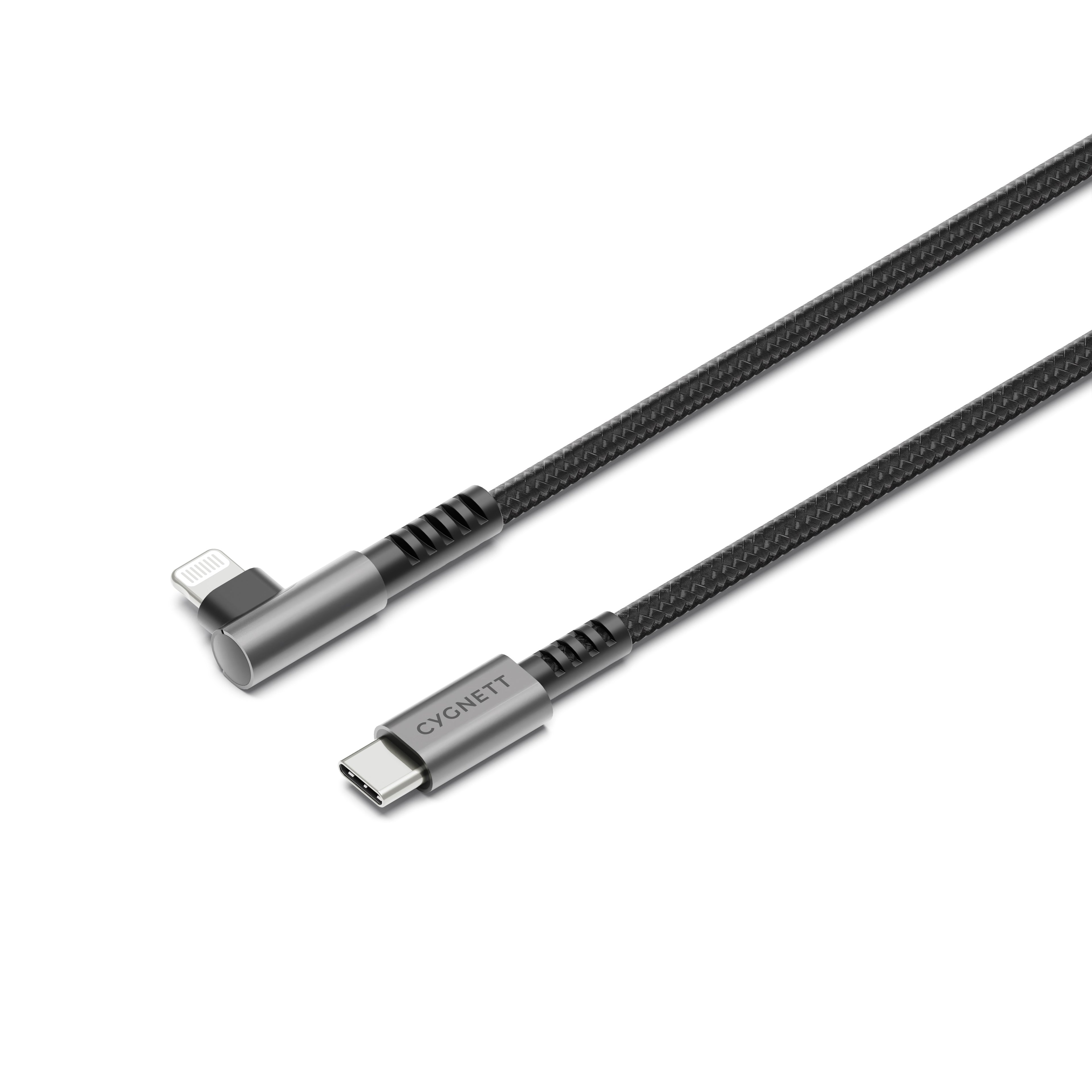 Cygnett Cygnett Unite Right-Angle Lightning to USB C Cable (1M) - Black (CY5102PCCCL), 30W, Double Braided, 480Mbps Transfer,