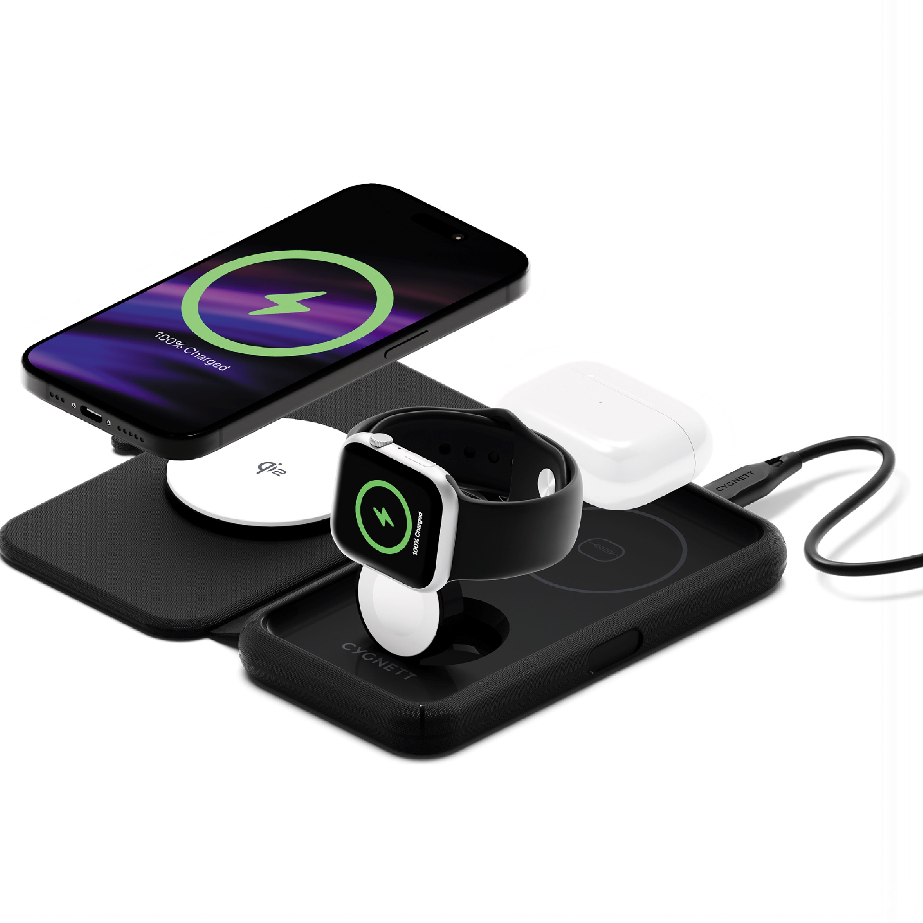 Cygnett Cygnett MagTravel Qi2.0 2-in-1 Wireless Charger - Black (CY5138WIRDE), 1.2M USB-C Cable,15W, Compact and lightweight,