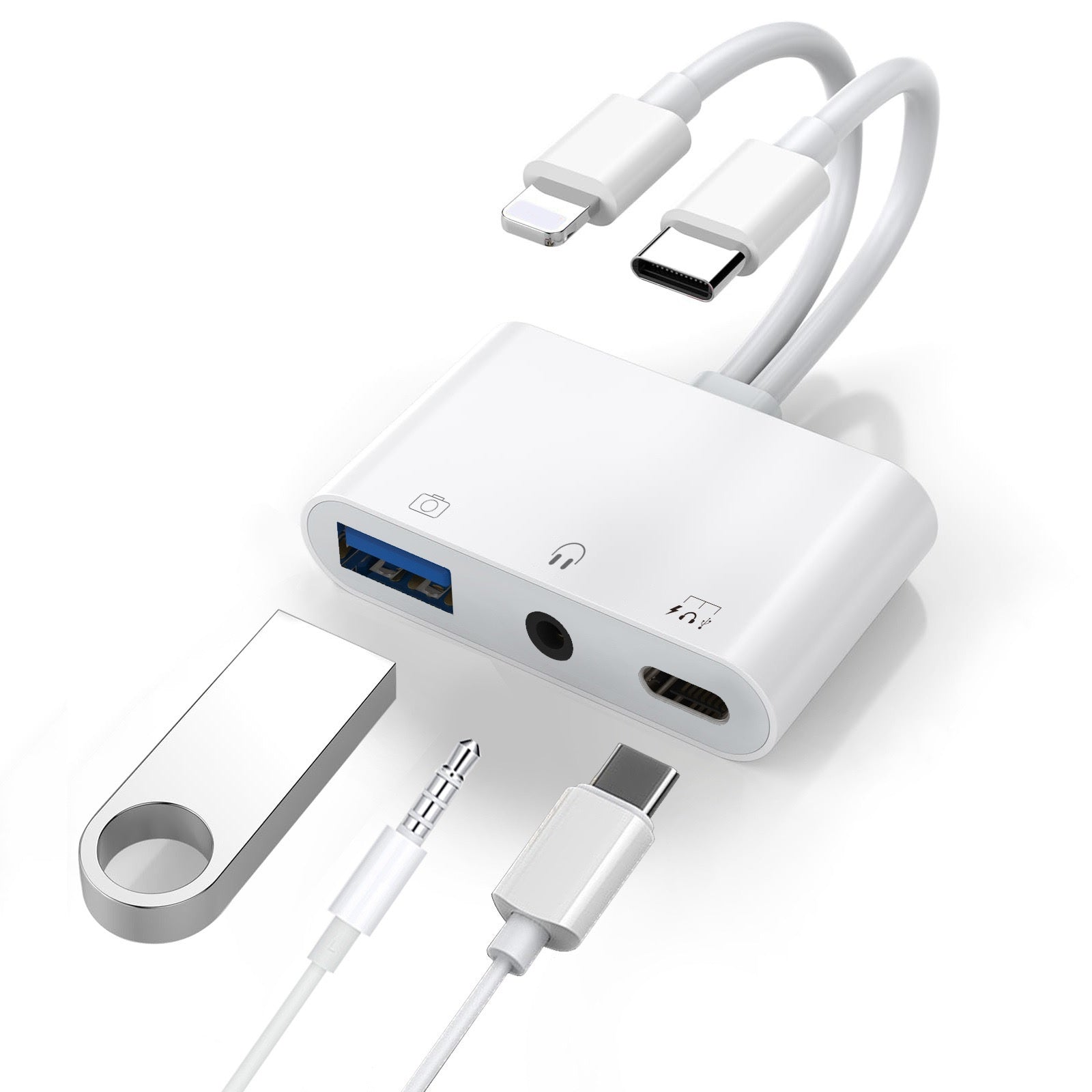 USP Lightning/USB-C to USB Adapter features a USB OTG Port, 3.5mm Headphone Jack  Fast-charging Port, 2 Years Warranty