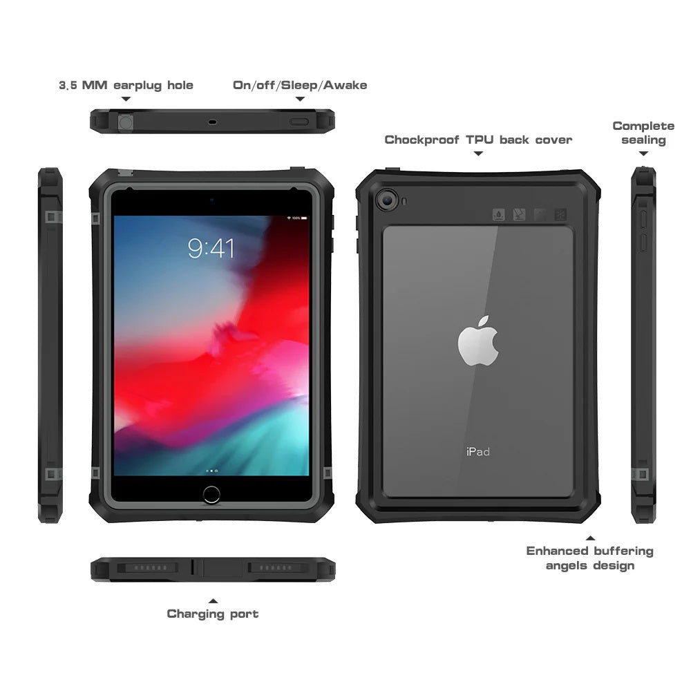 USP Apple iPad Mini (7.9") (5th/4th Gen) WaterProof Case Black - Support Smart Control Keyboard, 360° Rotation, DustProof, SnowProof, 3 Years Warranty
