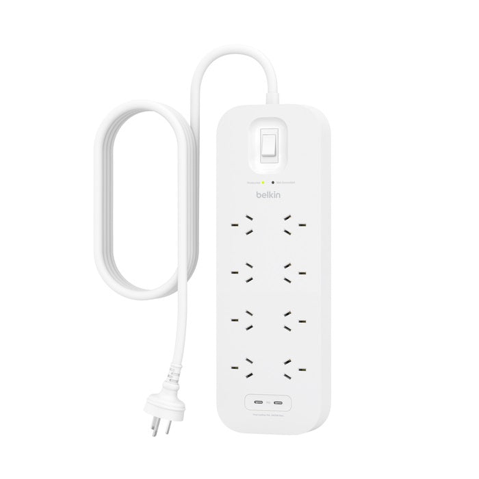 Belkin Belkin Connect 8-Outlet Surge Protector With Dual USB-C Ports - White (SRB004AU2M), 30W, 2M Cord, 900 Joules Protectio