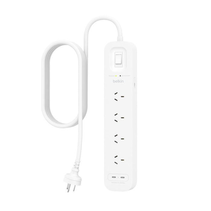 Belkin Belkin SurgePro 4-Outlet Surge Protector with Dual USB-C 30W Ports - White (SRB005AU2M), 2M Power Cord, CEW $40,000, 2