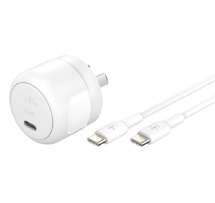 Belkin Belkin BoostCharge Compact 30W USB-C PD 3.1 Wall Charger + USB-C to USB-C Cable (1M) - White (WCA008au1MWH-B6), Apple,