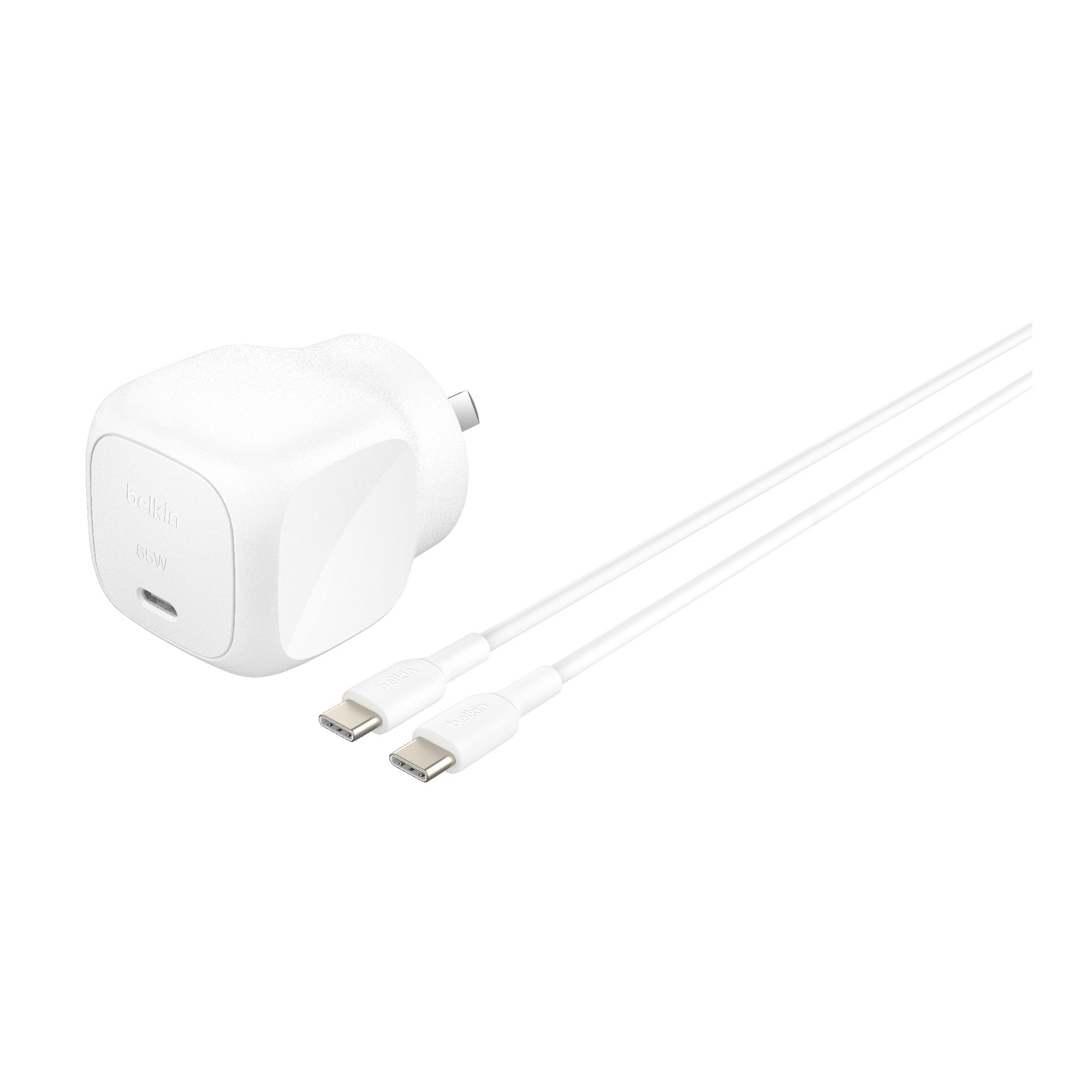 Belkin Belkin BoostCharge 65W USB-C PD 3.1 Cubic Wall Charger + USB-C to USB-C Cable - White (WCA011au1MWH-B6), Laptop, Table