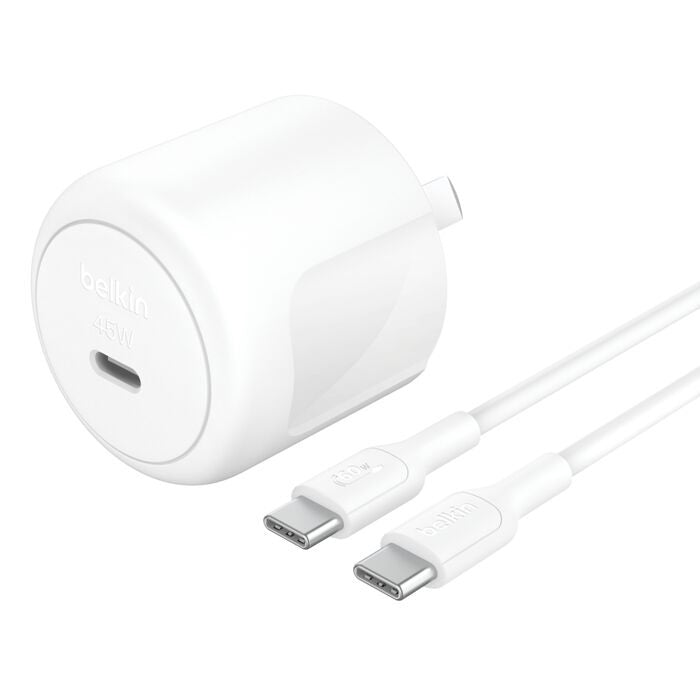 Belkin Belkin BoostCharge Compact 45W USB-C PD 3.1 Wall Charger + USB-C to USB-C Cable 60W (1M) - White (WCA013au1MWH-B6),Saf