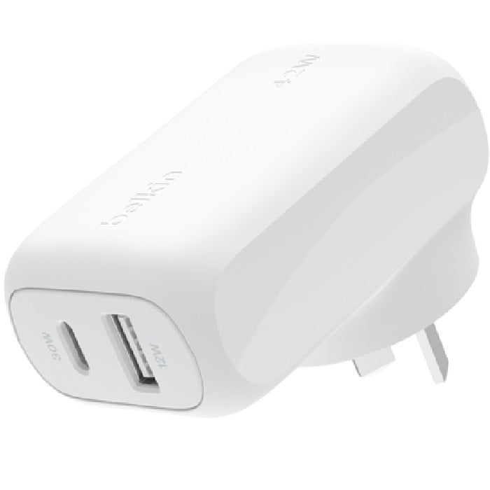Belkin Belkin BoostCharge Dual Wall Charger 42W - White (WCB009auWH), 1xUSB-C (30W), 1xUSB-A (12W), Fast Charge, Travel Frien