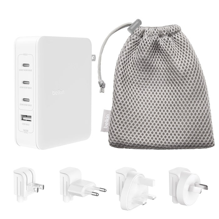 Belkin Belkin BoostCharge Pro 140W USB-C (PD 3.1) 4-Port GaN Wall Charger - White (WCH014BTWH-V3), 3x USB-C, 1xUSB-A, Travel-