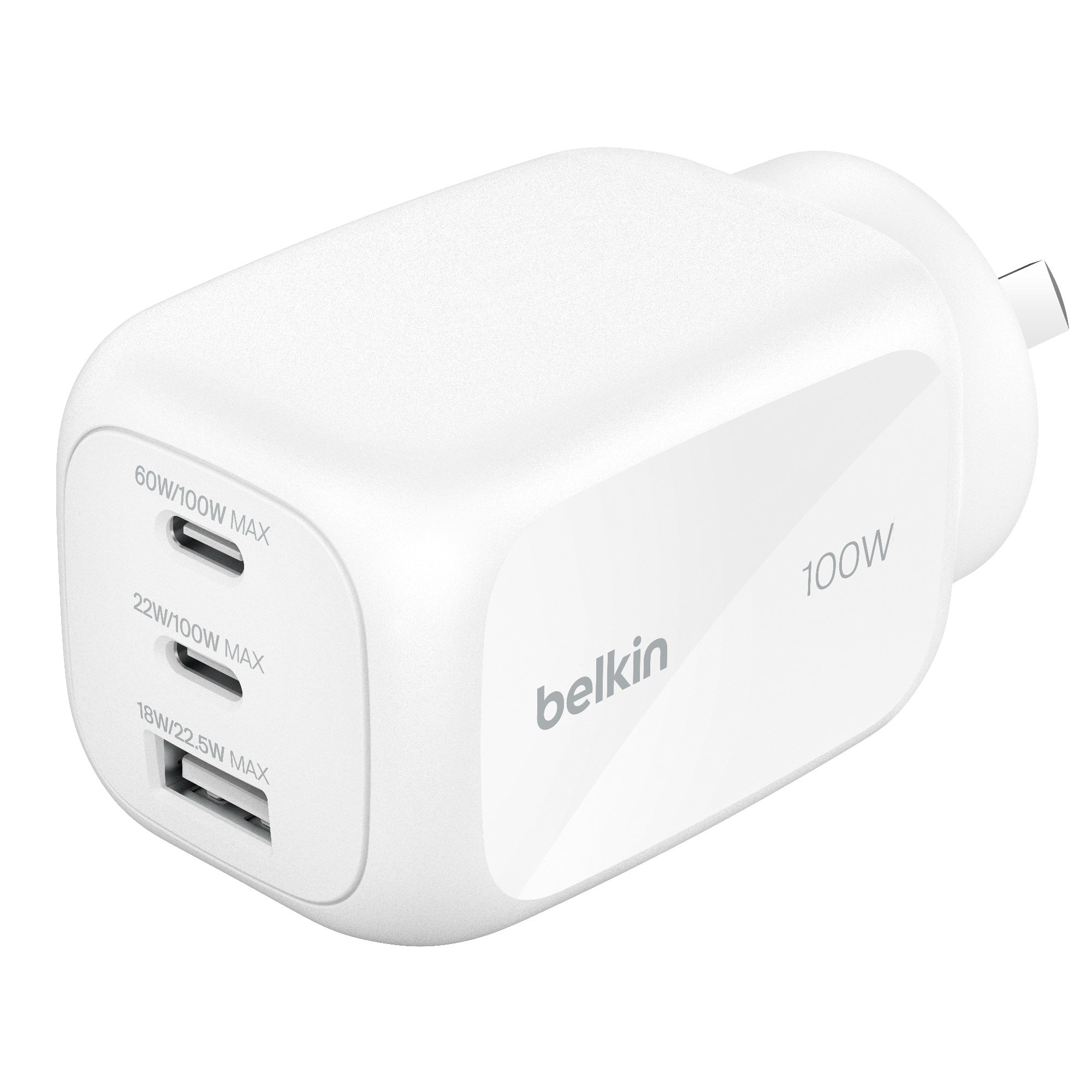 Belkin Belkin BoostCharge Pro 100W 3-Port GaN Wall Charger - White (WCH016AUWH), 2x USB-C, 1x USB-A, Compact Laptop Charger, 