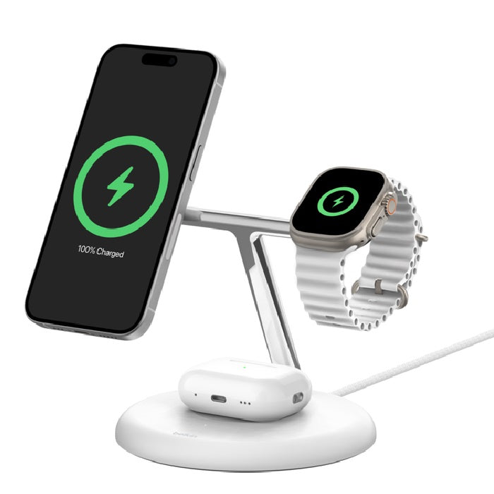 Belkin Belkin BoostCharge Pro 3-in-1 Magnetic Qi2 Wireless Charging Stand + 36W Wall Charger + USB-C Cable - White(WIZ023AUWH
