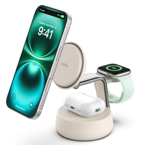 Belkin UltraCharge Pro 3-in-1 Magnetic Charging Dock w/ Qi2 (25W) + 45W Wall Charger + USB-C Cable(1.5M)- Sand(WIZ040auSD),$2500 CEW,2 Years Warranty