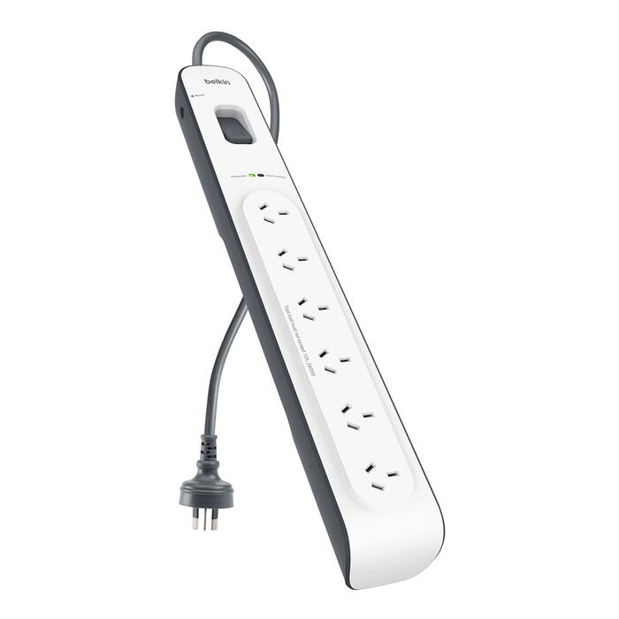 Belkin Belkin SurgeMaster 6-Outlet Surge Protection Strip - White/Grey (BSV603au2M), 2M Power Cord, 650 Joules Protection, CE