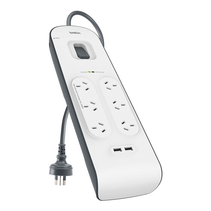 Belkin Belkin SurgePlus 6-Outlet 2-Meter Surge Protection Strip With Two (2.4) Amp USB Charging Ports - White (BSV604au2M), 2