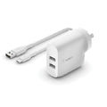 Belkin Belkin BoostCharge 24W Dual USB-A Wall Charger + USB-A to USB-C Cable (1M) - White (WCE001au1MWH), 2xUSB-A (12W), CEW 