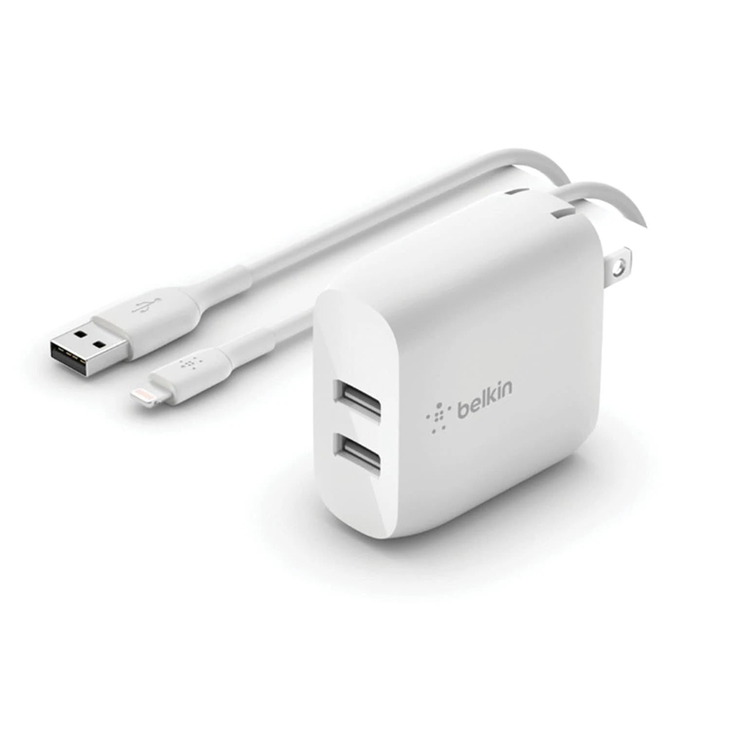 Belkin Belkin BoostCharge 24W Dual USB-A Wall Charger + Lightning to USB-A Cable (1M) - White (WCD001au1MWH), 2xUSB-A (12W), 