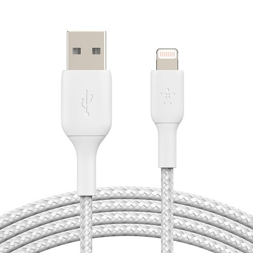Belkin Belkin BoostCharge Braided Lightning to USB-A Cable (2M) - White (CAA002bt2MWH), 2.4A/12W, 480Mbps, 30K+ Bends, Apple,