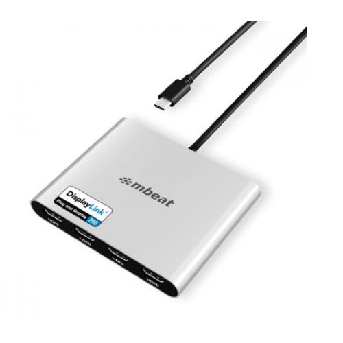 mbeat® USB-C Quad 4K HDMI DisplayLink® Adapter with PD Pass-through  Quad 4K@60Hz 4 × HDMI 2.0  1 × USB-C 3.1 1 × USB-C PD 3.0 Supports up to 90W