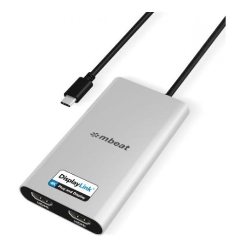 mbeat® USB-C Dual 4K HDMI DisplayLink® Adapter with PD Pass-through  Dual 4K@60Hz 2 × HDMI 2.0  1 × USB-C 3.1 1 × USB-C PD 3.0 Supports up to 90W