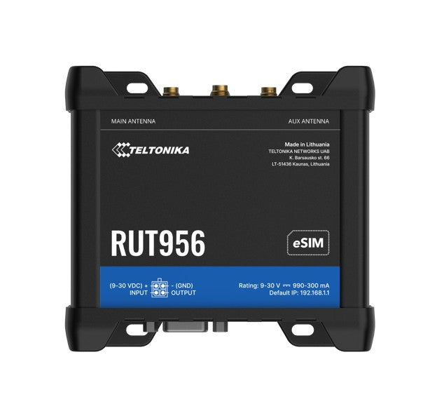 Teltonika RUT956 Industrial Cellular Router, eSIM, Dual-SIM Cellular 4G LTE, WAN Failover with 4x Ethernet Ports, GPS, 2-Year Warranty, PSU included