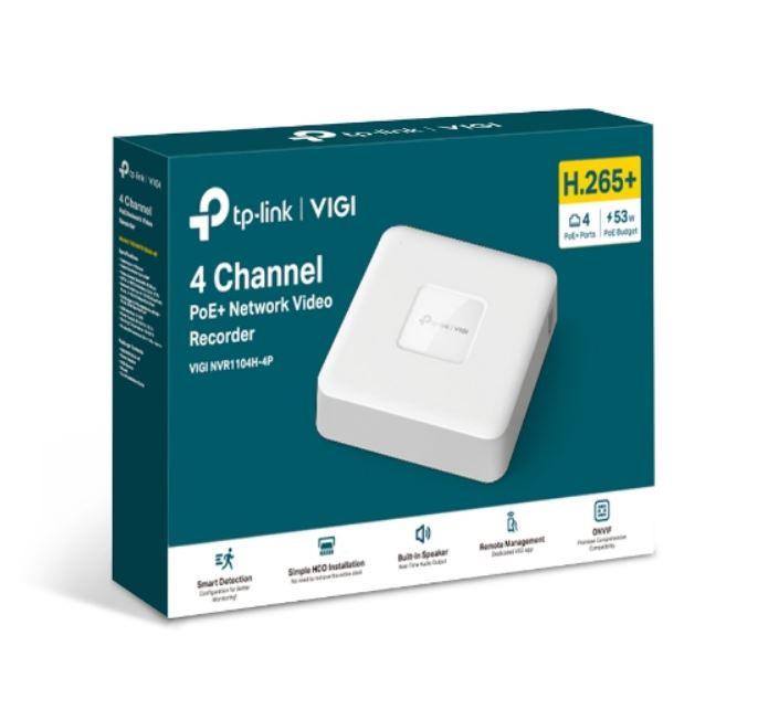 TP-Link VIGI NVR1104H-4P 4 Channel PoE+ Network Video Recorder, 24/7 Continuous Recording, 4K HDMI Video Output  16MP Decoding (HDD Not Included)