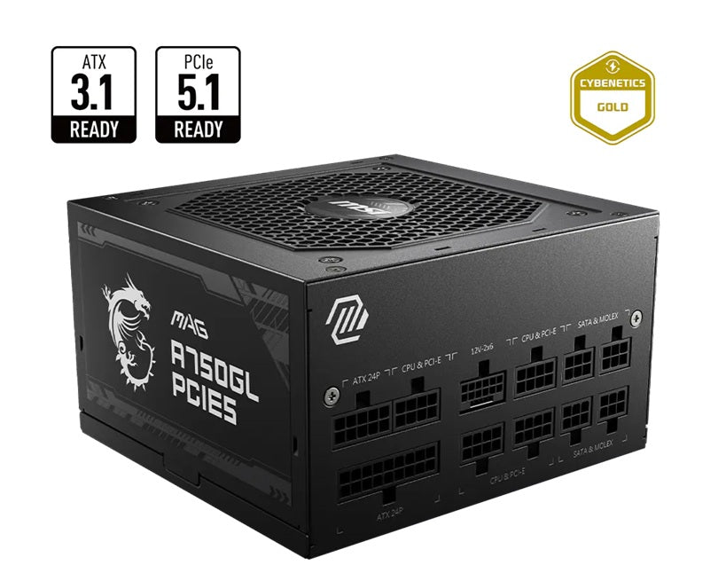 MSI MAG A750GL PCIE5 II Bulk – 750W ATX 3.1, 80+ Gold, full modular, PCIe 5.0 16-pin, 3x PCIe 6+2, 8x SATA, FDB fan, OCP/OVP/OPP/OTP/SCP/UVP, 120mm