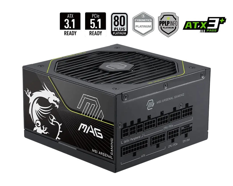 MSI MAG A1000PLS PCIE5, 1000W, 80 PLUS Platinum, Fully Modular, ATX, Native 12V-2x6 PCIe 5.1, 135mm FDB Fan, RTX 50 Series Ready