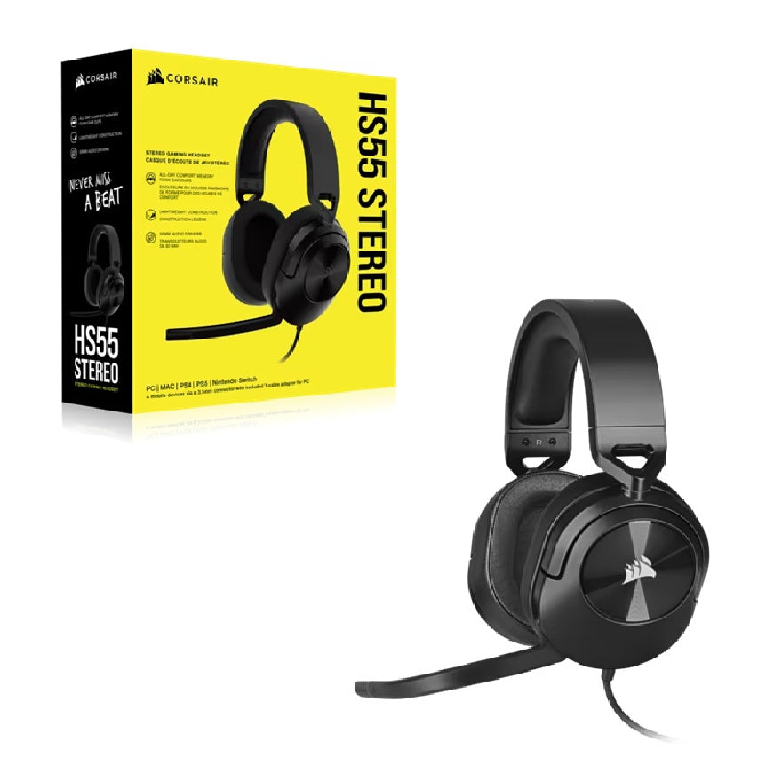 Corsair Corsair HS55 STEREO Wired Gaming Headset - Carbon, 50mm drivers, 20Hz–20kHz, wired 3.5mm stereo, multi-platform suppo