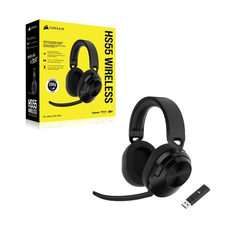 Corsair Corsair HS55 WIRELESS Gaming Headset- Carbon (AP), 50mm drivers, Dolby 7.1, wireless 50 ft, 24h battery, PC/PS4/PS5, 