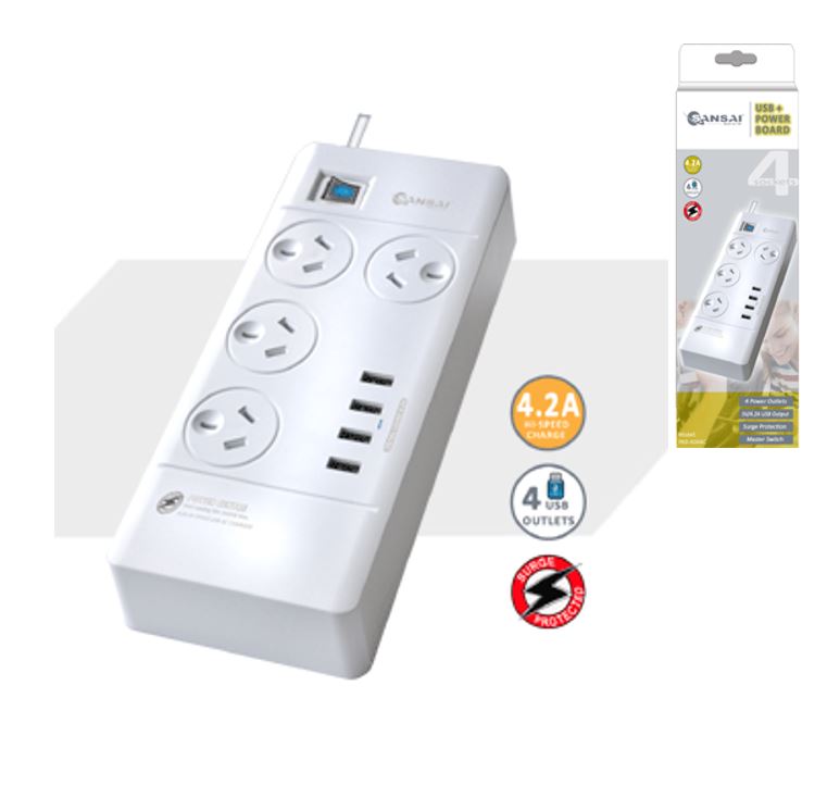 Sansai 4 Outlets  4 USB Outlets Surge Protected Powerboard Master On/Off switch 1M lead  Right angle plug 230-240VAC IV Retail box