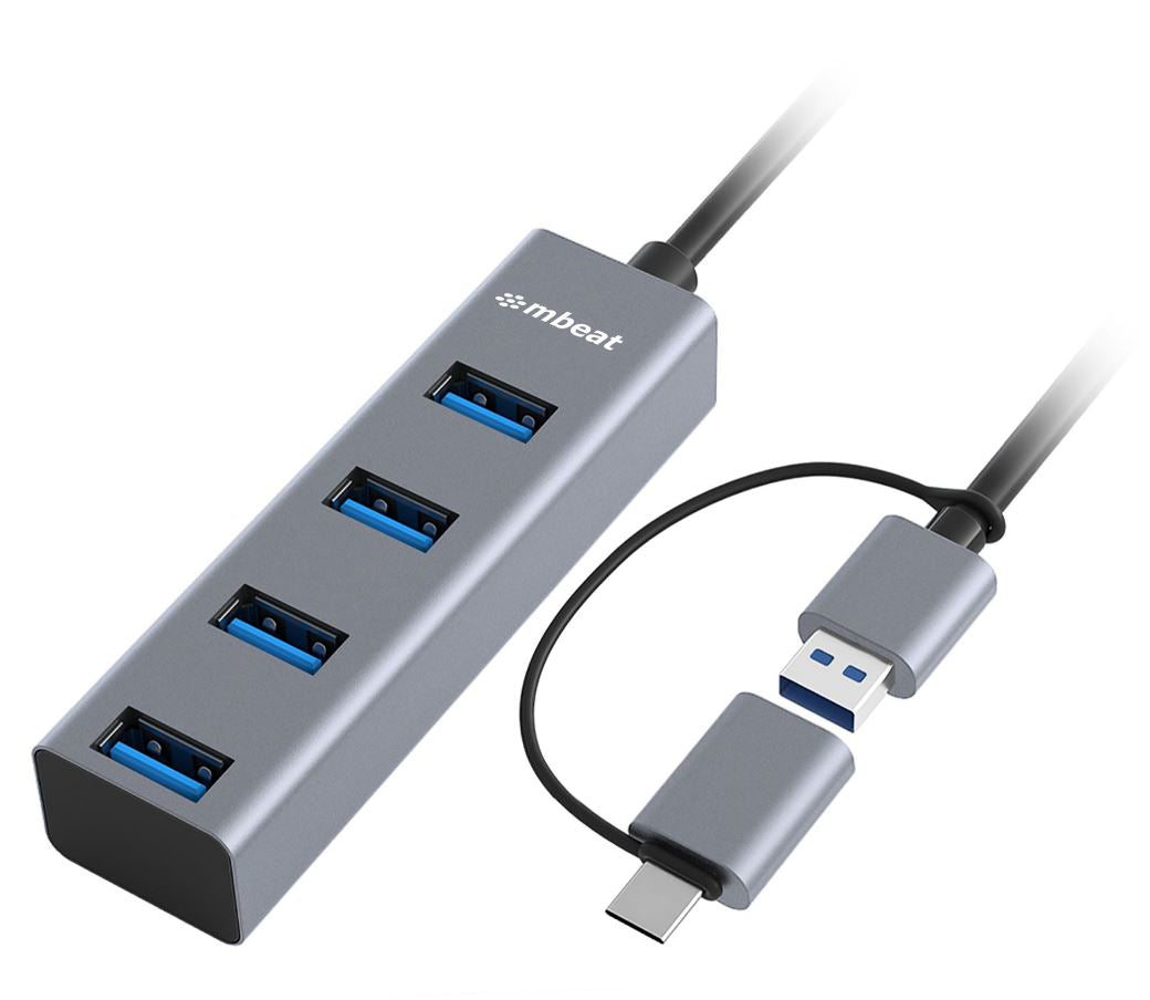 mbeat® 4-Port USB 3.0 Hub with 2-in-1 USB 3.0  USB-C Converter - Space Grey transfer speeds up to 5Gbps  Material: Aluminium Weight: 48g