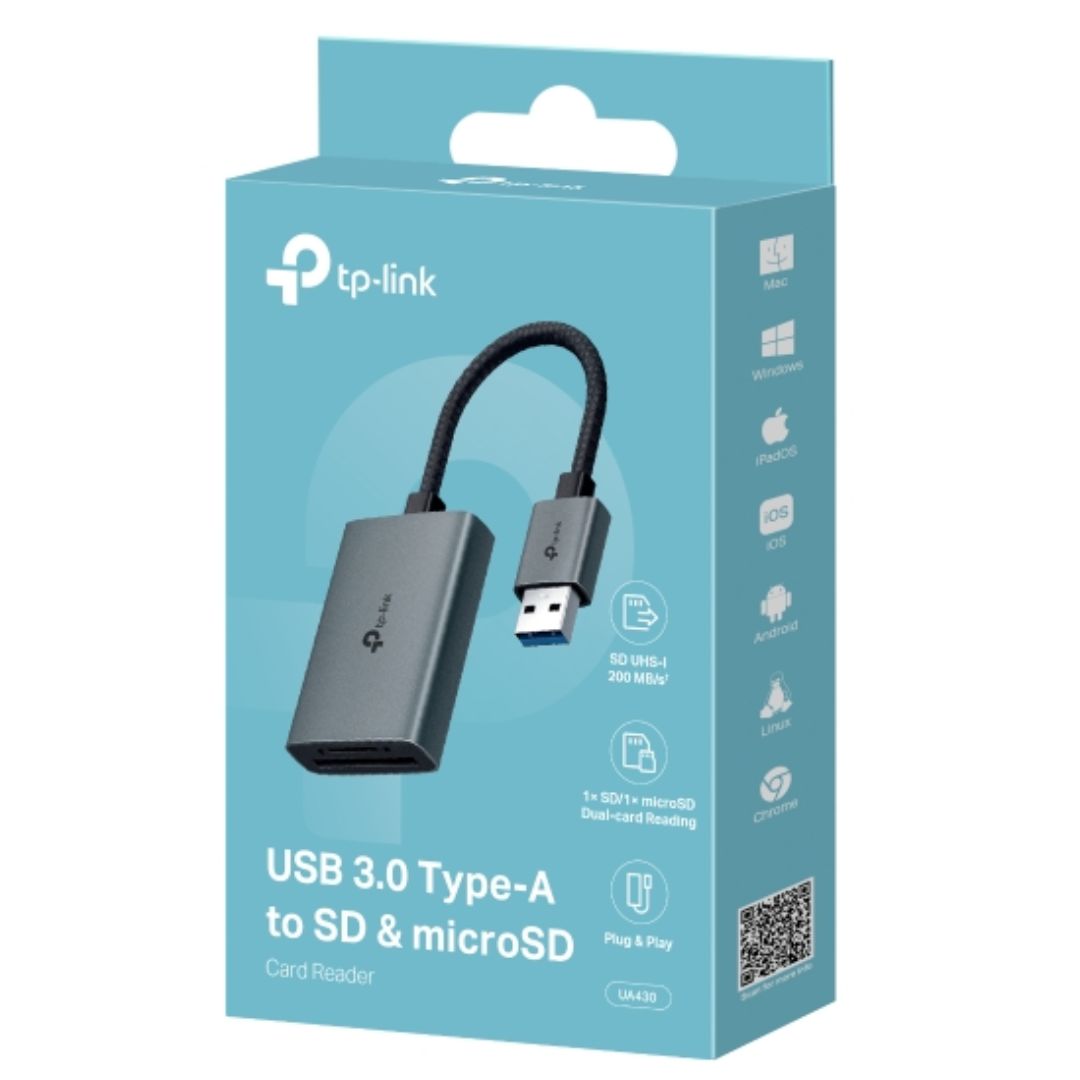 TP-Link UA430 USB 3.0 Type-A to SD  microSD 3.0 Card Reader, support SD，SDHC、SDXC，microSD、microSDHC、microSDXC cards up to 2TB.
