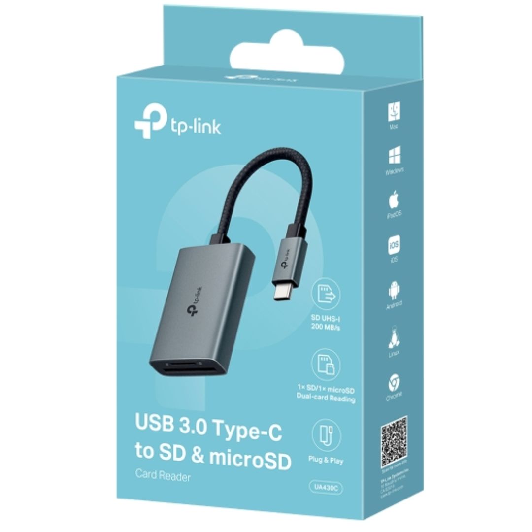 TP-Link UA430C USB 3.0 Type-C to SD  microSD 3.0 Card Reader, support SD，SDHC、SDXC，microSD、microSDHC、microSDXC cards up to 2TB.